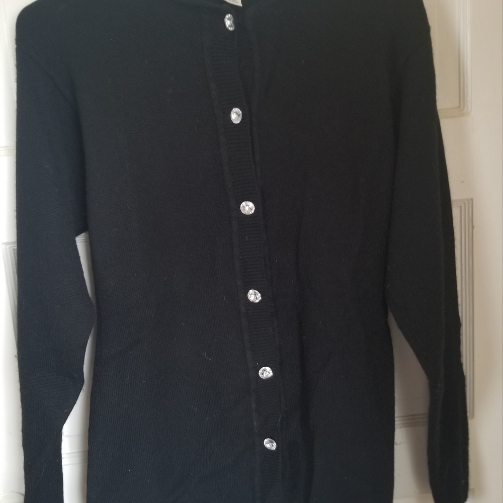 Vtg 1980s Anne Klein ll Black Wool Long Cardigan Rhinestone "Headlamp" Buttons S